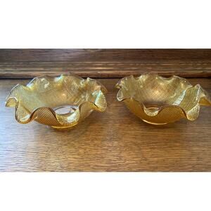 PAIR Vintage FENTON Amber Waffle Ruffled Lace Glass Candy Dish Bowls